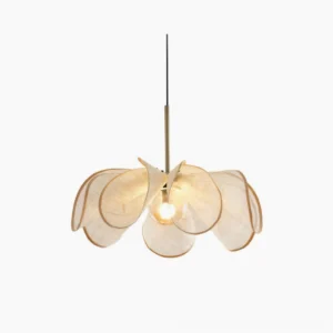 Styria Petals pendant lamp with beige fabric petals and brass fixture, front studio view on white background