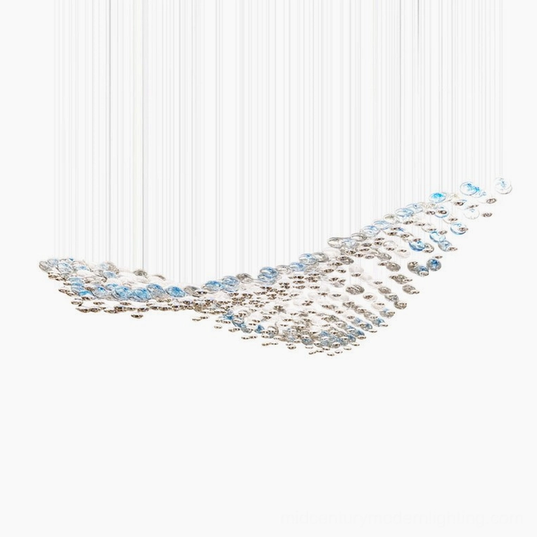 Surge Glass Cloud Chandelier studio frontal view - complete wave-form installation with blue and smoke gray suspended glass orbs