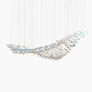 Surge Glass Cloud Chandelier - frontal studio view with wave-form suspended blue and smoke gray glass orbs creating dynamic light installation
