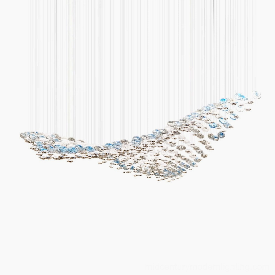 Surge Glass Cloud Chandelier - frontal studio view with wave-form suspended blue and smoke gray glass orbs creating dynamic light installation