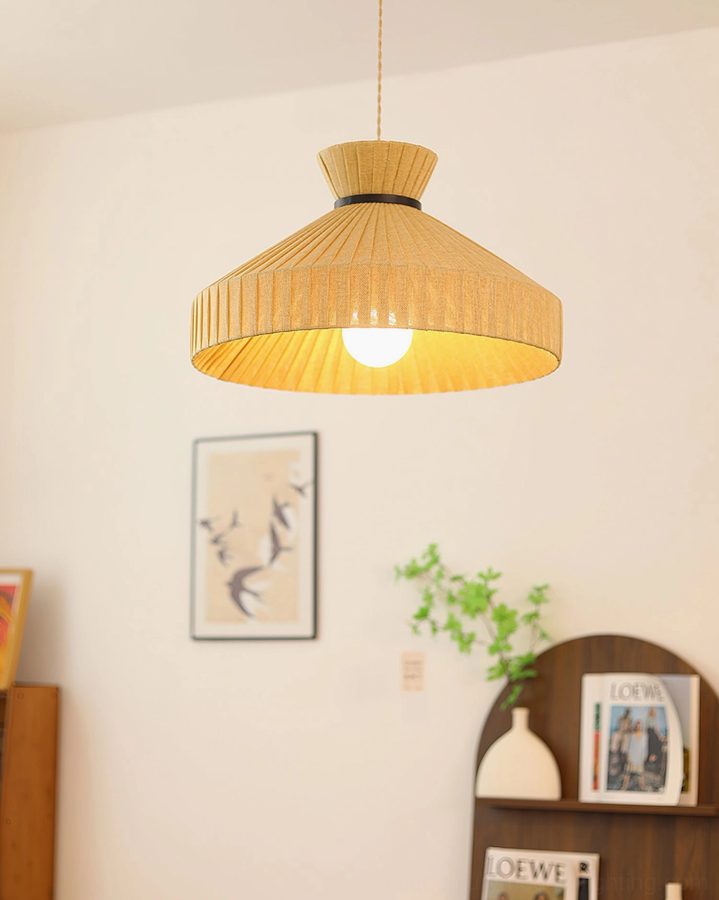 Surora pendant light glowing above wall art with shelf decor, warm bohemian style illumination from Edison-style bulb