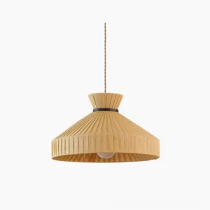 Surora pleated pendant light with beige fabric shade and natural woven texture, front view on white background