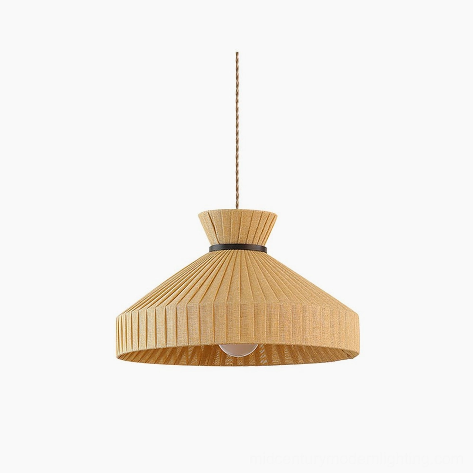 Surora pleated pendant light with beige fabric shade and natural woven texture, front view on white background