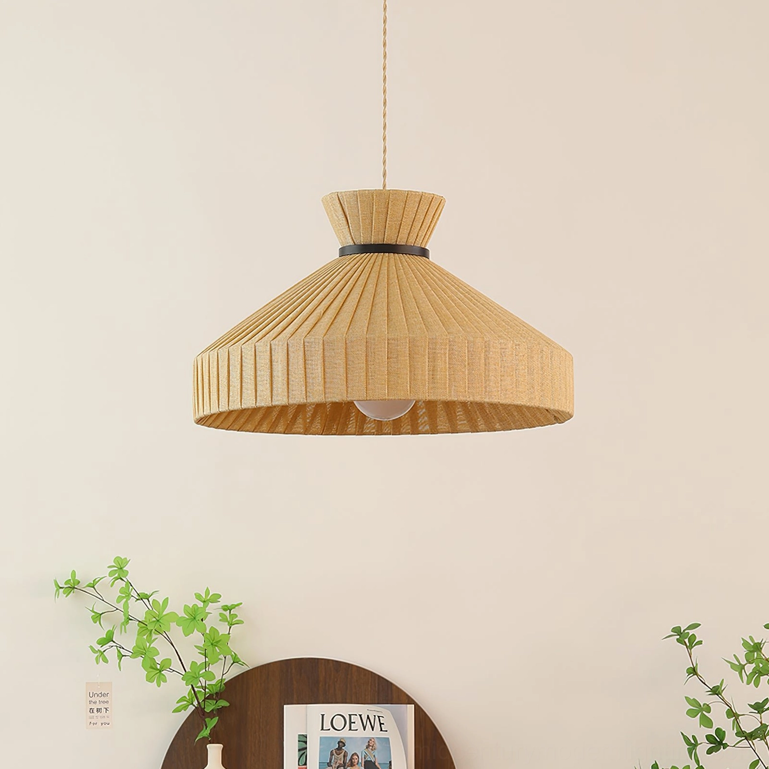 Surora pendant light bottom view showcasing pleated shade structure and visible bulb socket detail