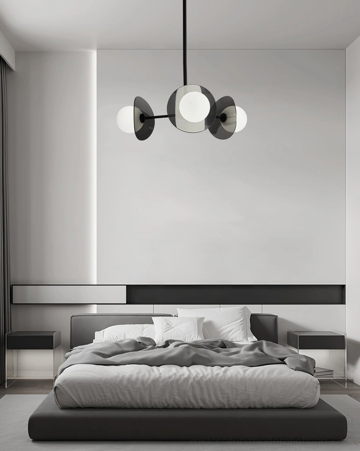 Suspended sputnik chandelier in minimalist bedroom low angle view with black hardware complementing monochrome decor