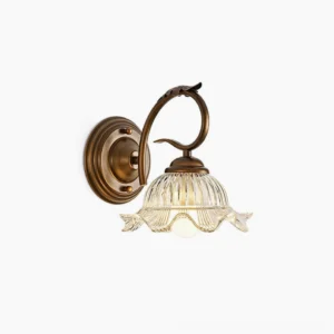 Sutton hand-blown glass wall sconce with antique bronze metalwork and ribbed clear glass shade - front view