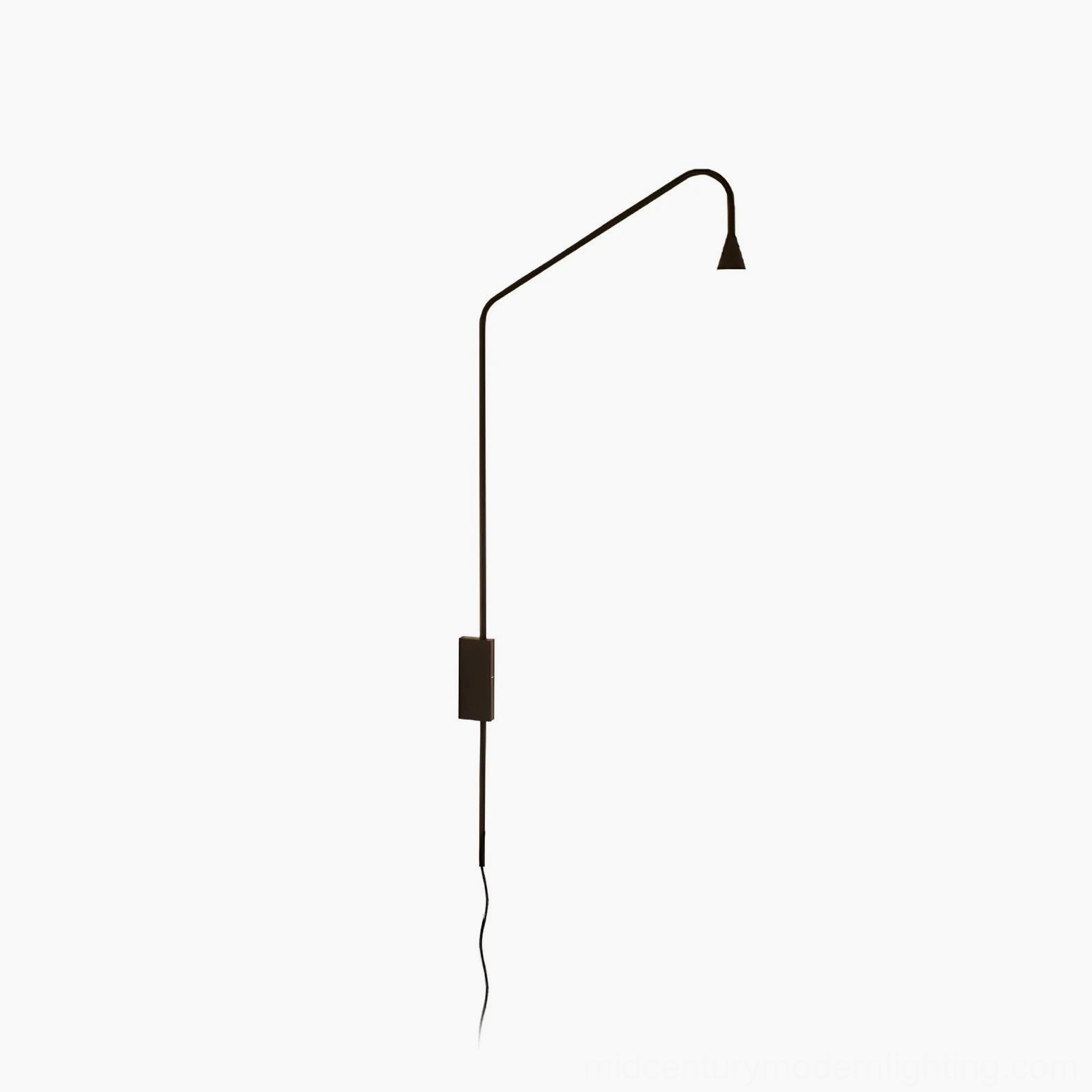 Black Svarna minimalist wall sconce front studio view, matte finish curved metal arm and conical lamp head