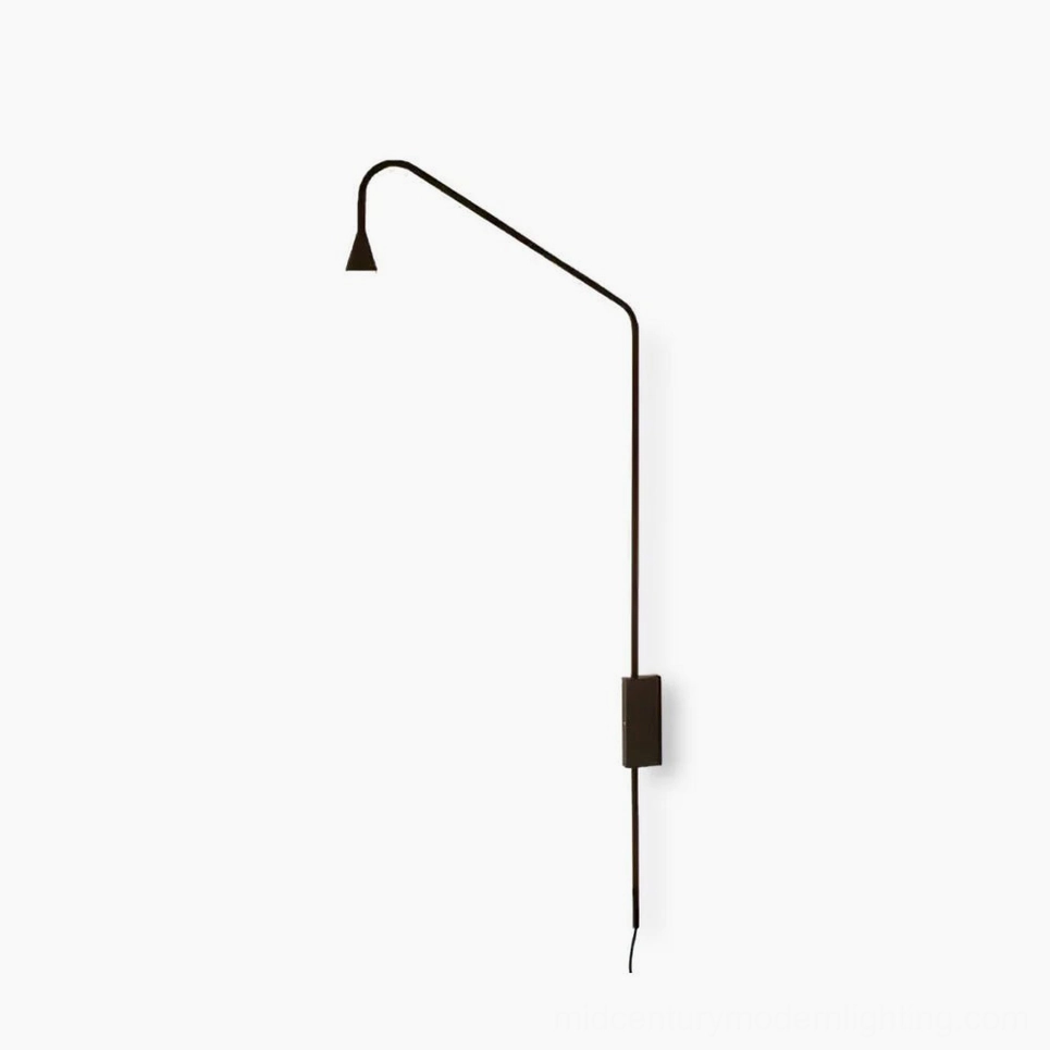 Svarna black minimalist wall sconce with curved metal arm and conical lamp head, front view studio shot