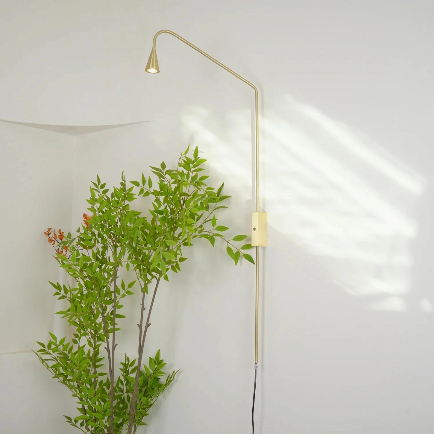 Brass Svarna wall sconce mounted indoors with green plant, modern minimalist interior design exposed cord