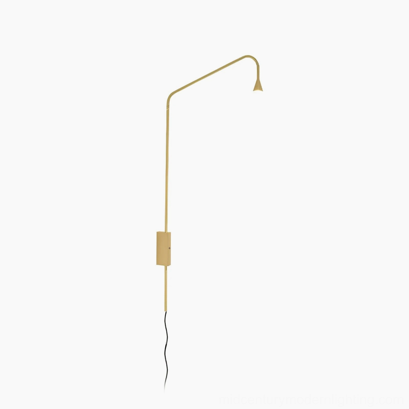 Gold Svarna wall lamp front flat product shot, curved arm sculptural form with exposed power cord, studio backdrop
