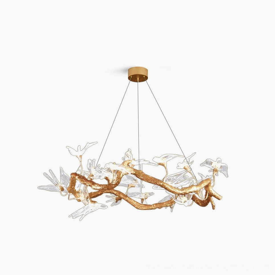 Swallow brass chandelier with crystal bird ornaments, front studio view on white background