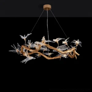 Mid-century modern swallow chandelier with suspension wires and ceiling mount, dark backdrop detail shot