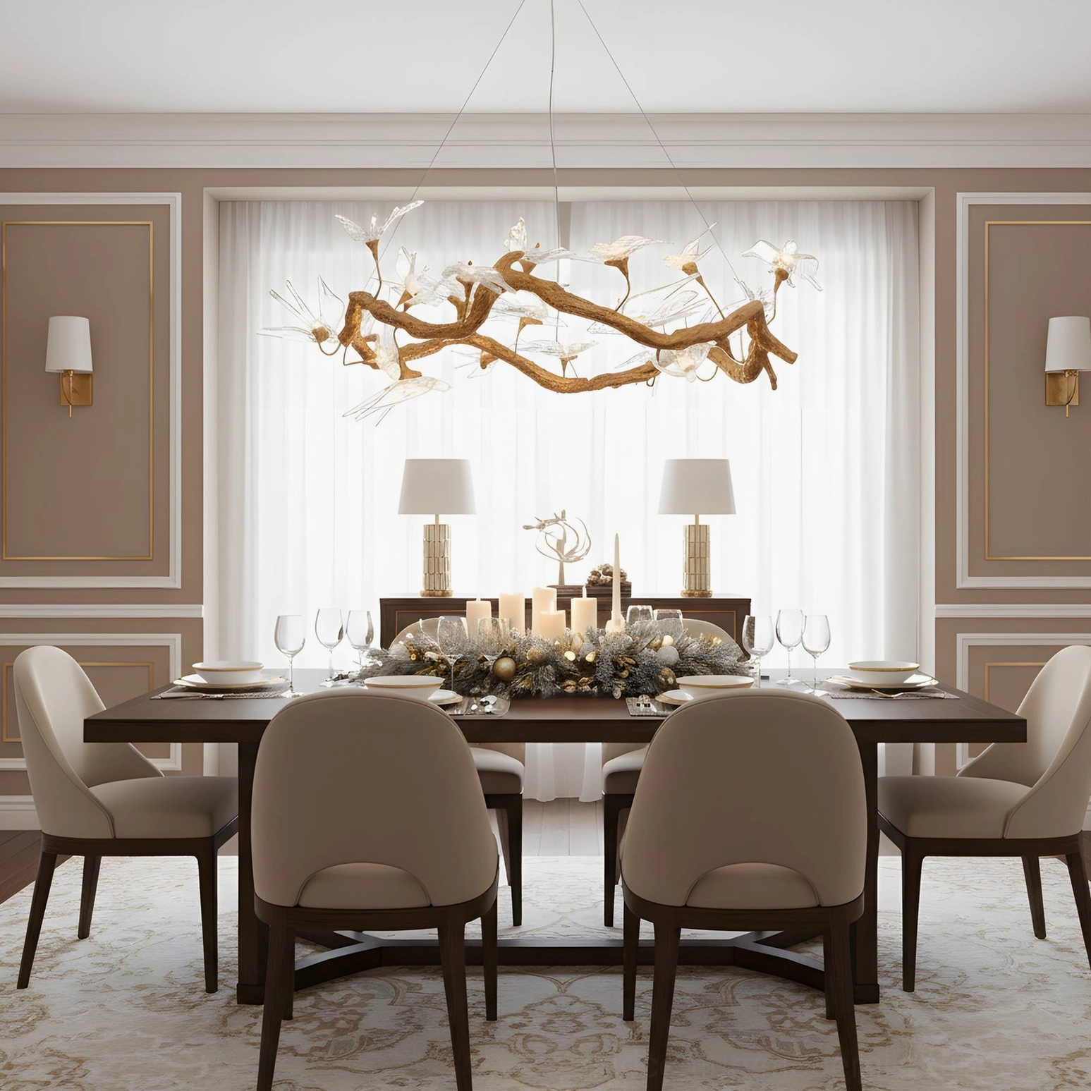 Contemporary swallow chandelier in modern formal dining room with neutral trim and elegant table
