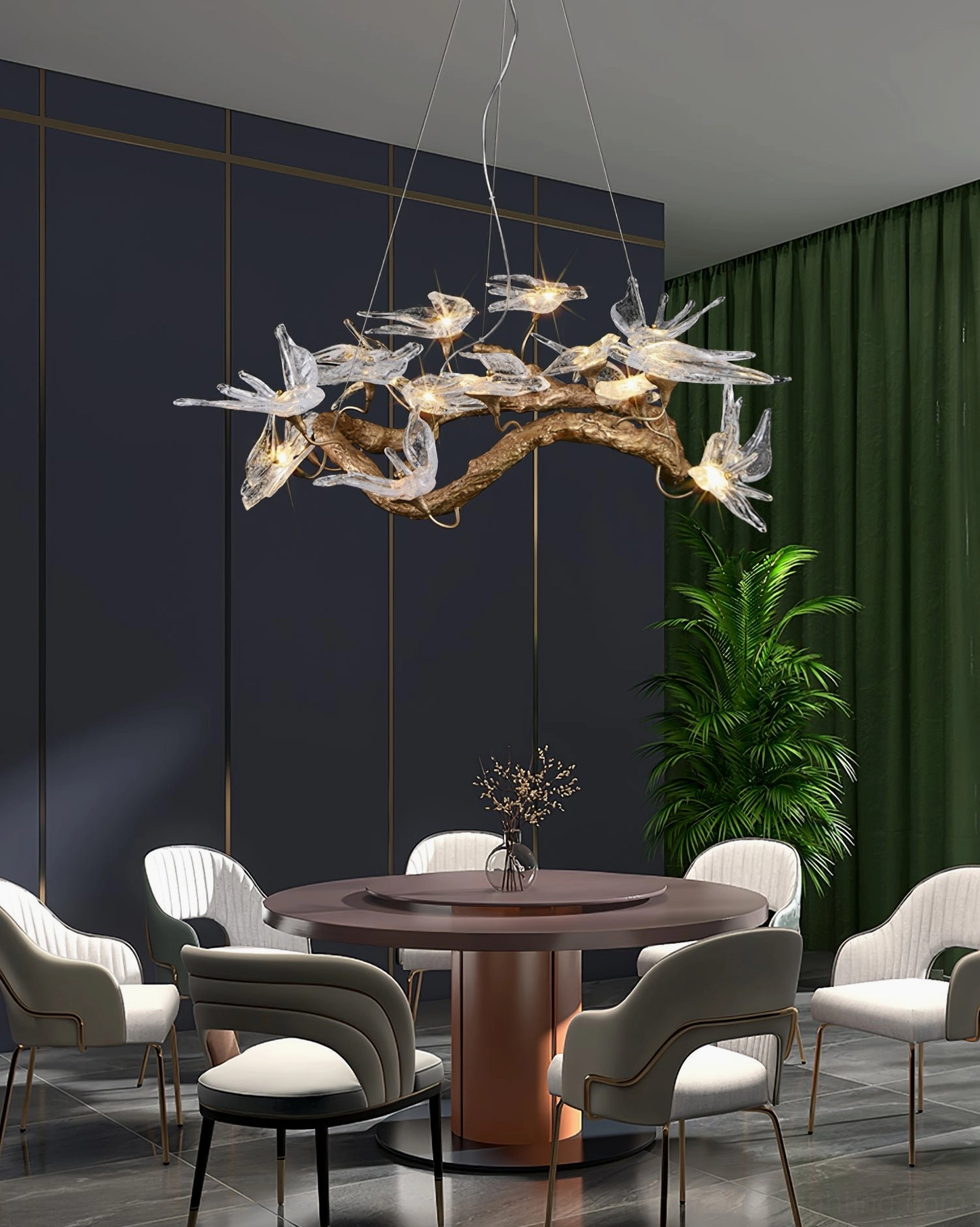 Crystal swallow ornaments on brass chandelier refracting light in dynamic patterns
