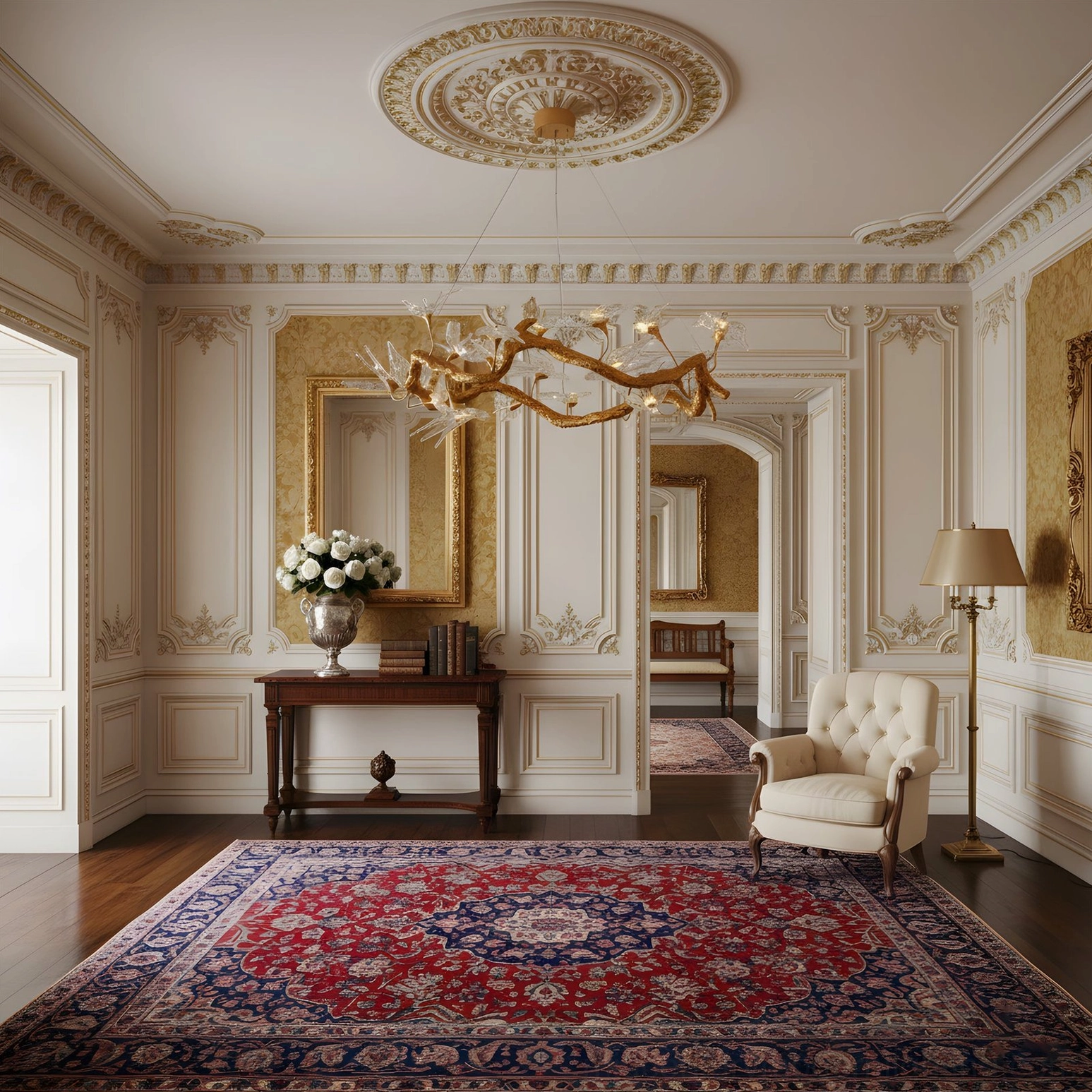 Minimalist gold branch chandelier in neoclassical entry space with tufted chair and paneling