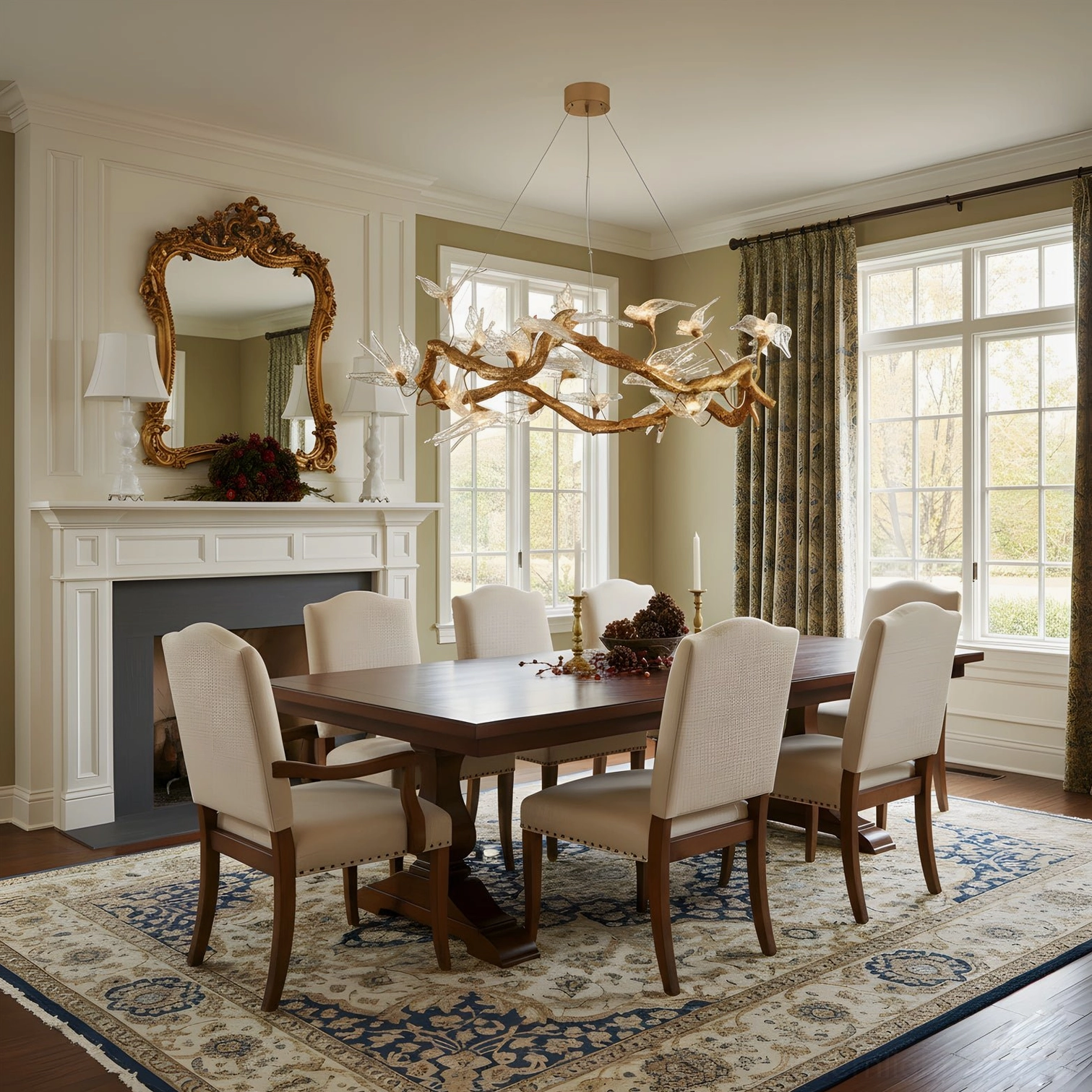 Swallow branch chandelier in luxury formal dining with fireplace and ornate gold wall mirror