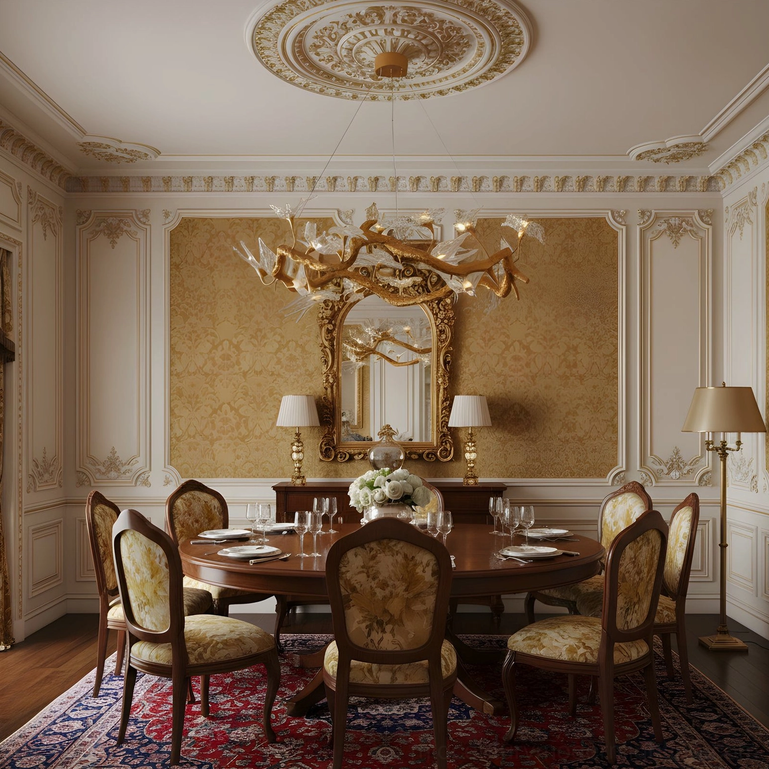 Swallow chandelier in luxury neoclassical formal dining room with warm ambient lighting