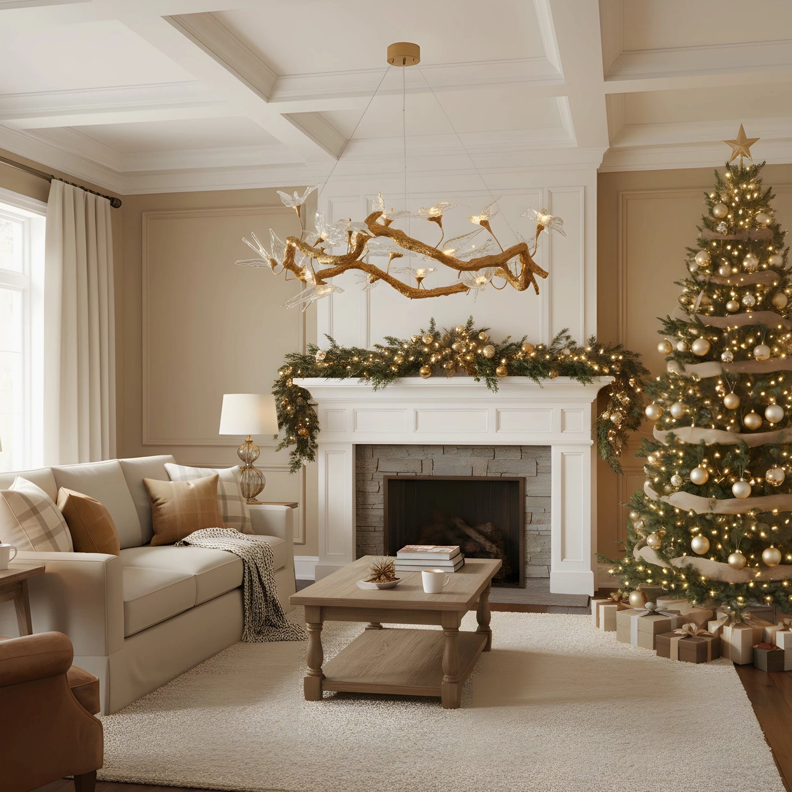 Modern brass swallow chandelier in festive holiday decorated living room with fireplace and garland
