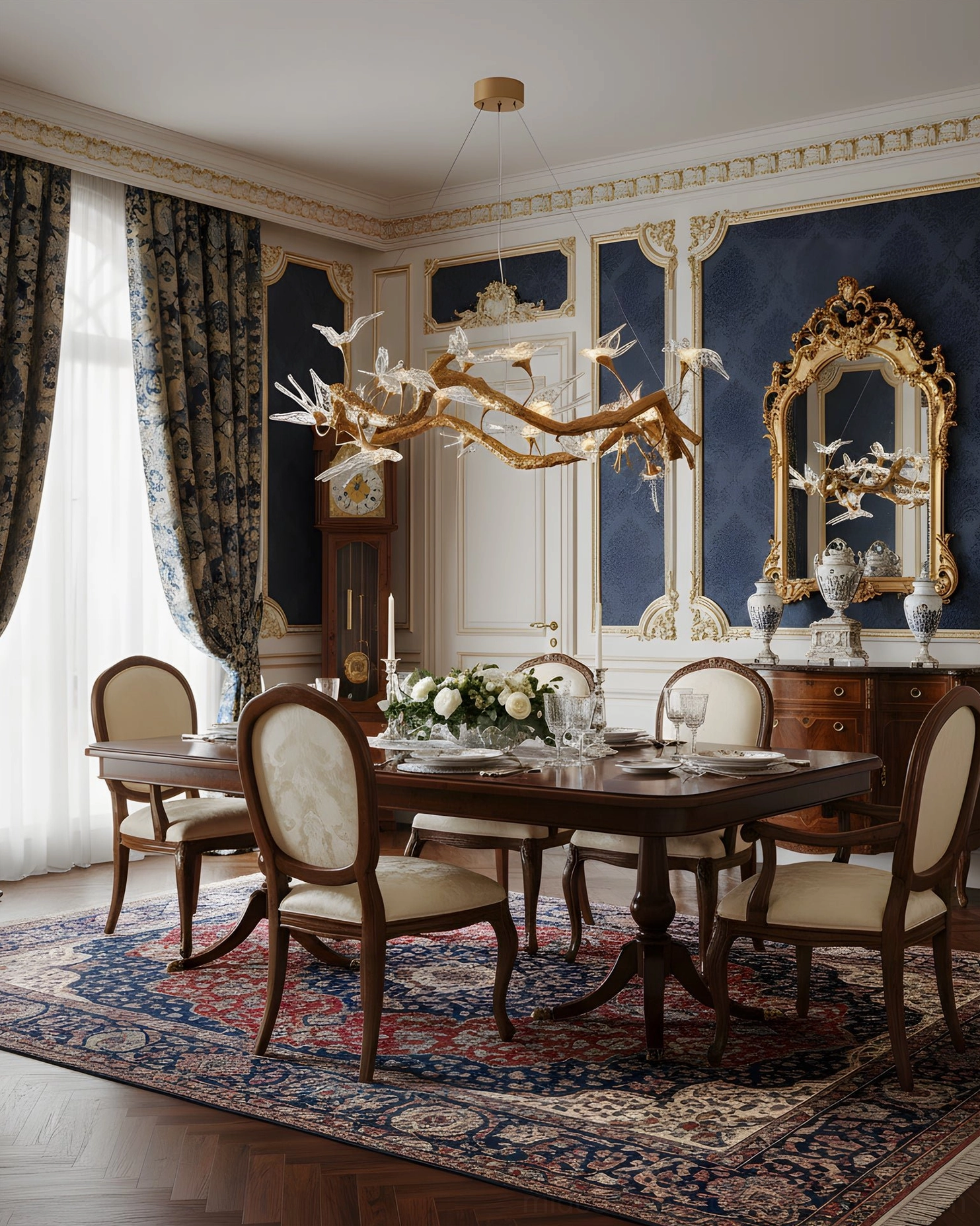 Mid-century modern swallow chandelier in neoclassical dining room with dark blue accent walls