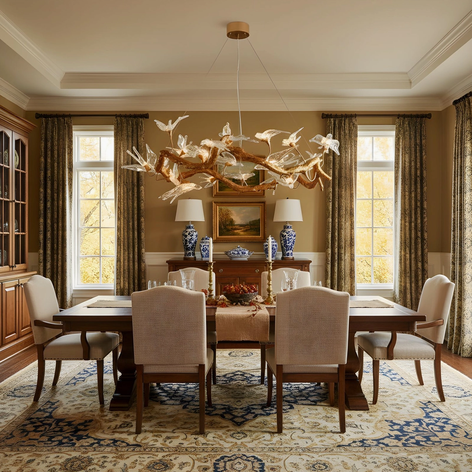 Brass swallow chandelier above dining table in traditional room with large windows and area rug