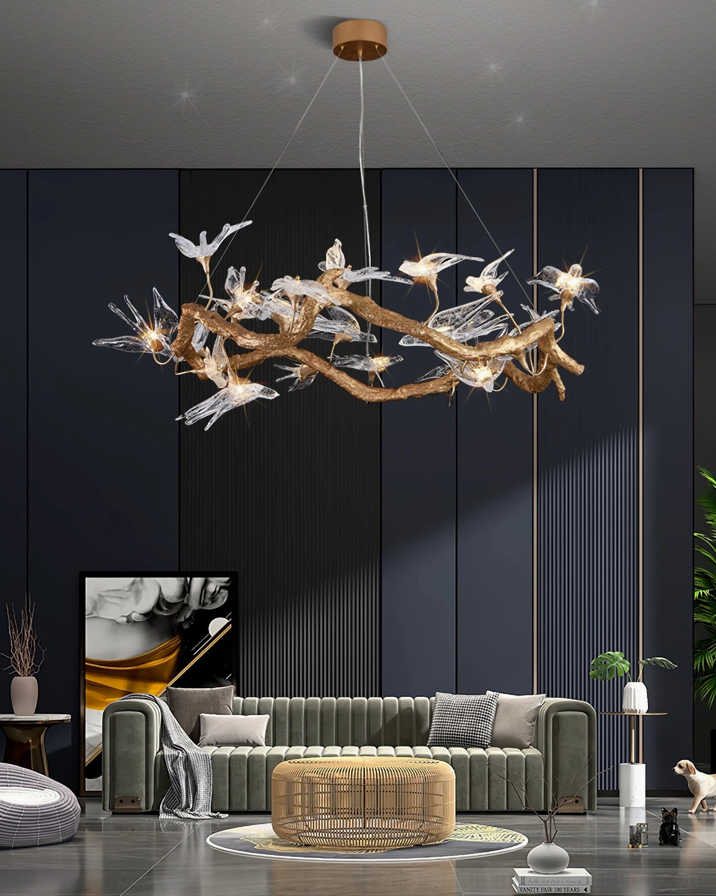Swallow chandelier warm light amber illumination highlighting brass and crystal elements