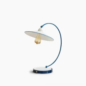 Swan Blue Table Lamp - Mid-century modern desk light with curved metal arm and cobalt blue enamel finish, studio flat lay view