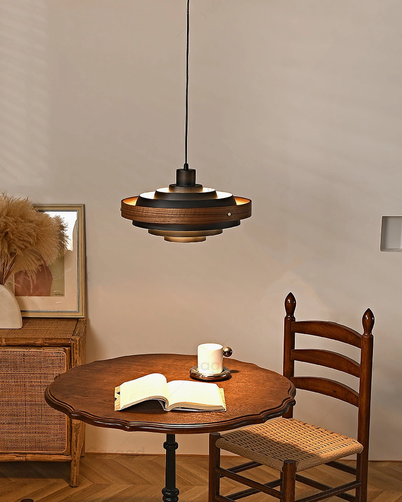 Swing arm pendant light arm extension and repositioning demonstration in interior space