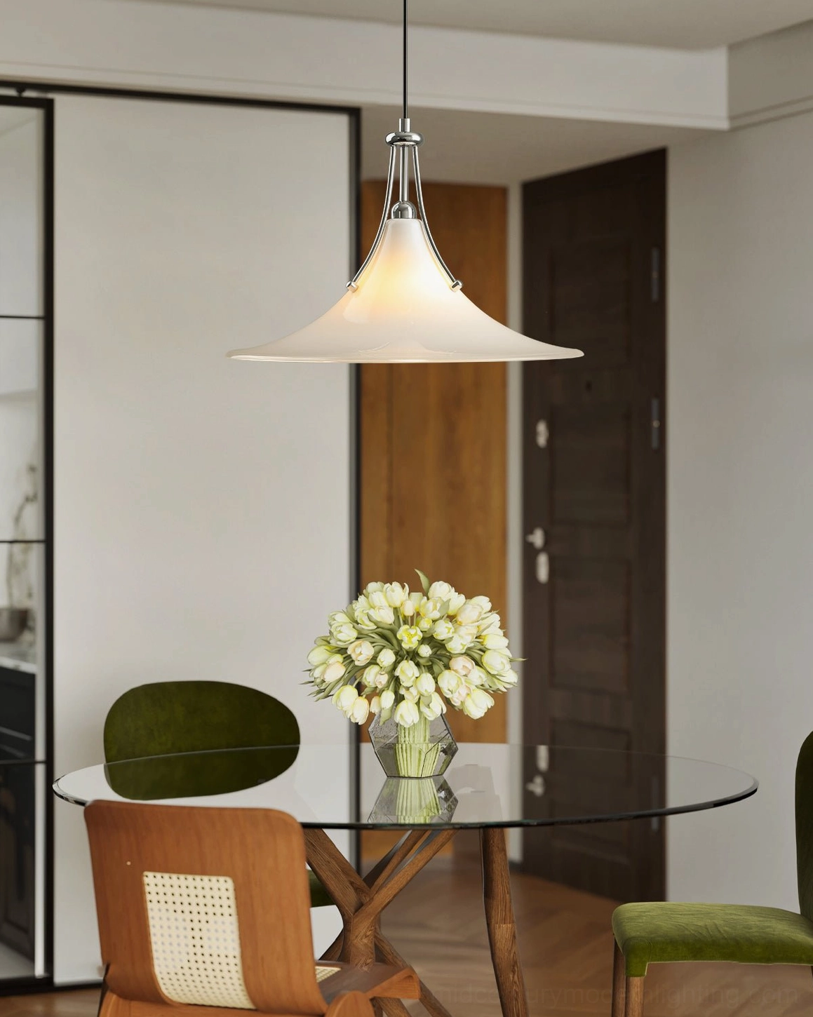 Swing arm pendant light above glass round dining table in bright modern interior, chrome and white design elements creating sophisticated ambiance