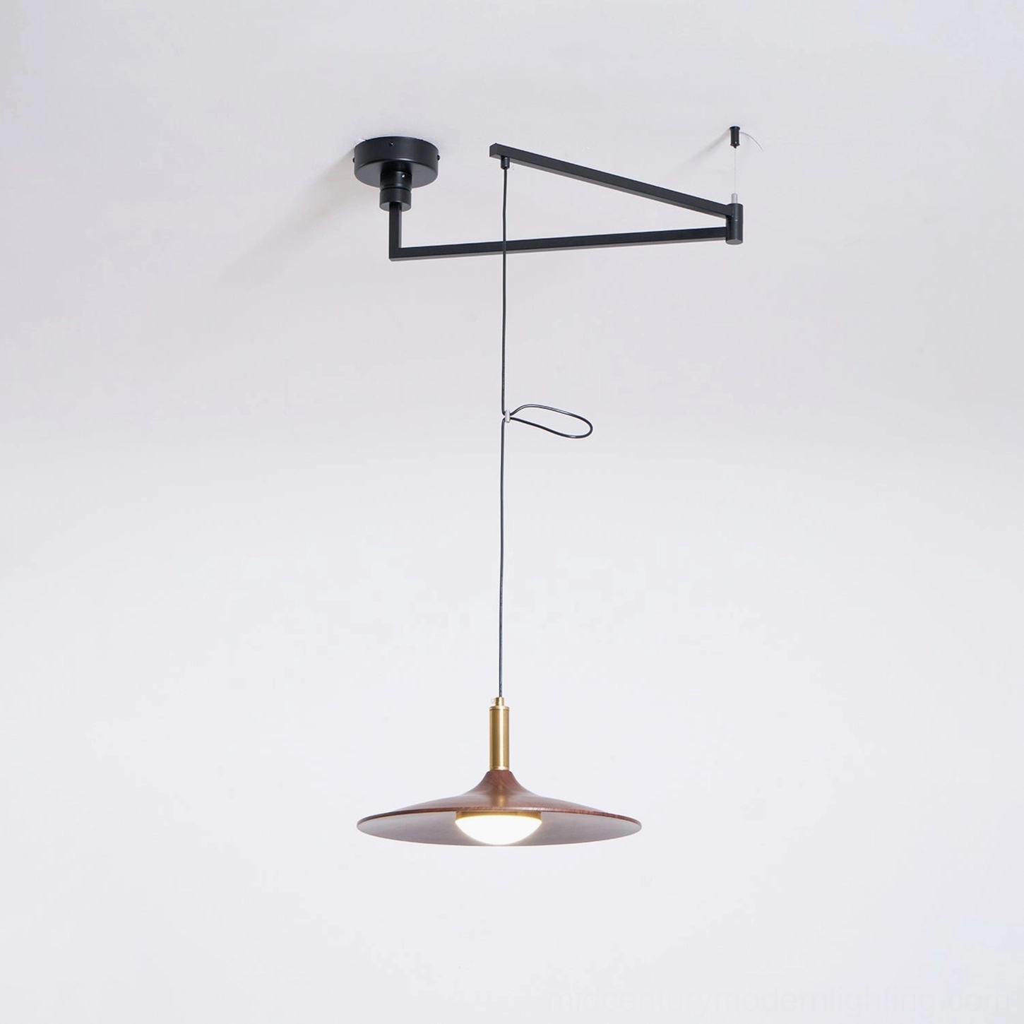 Black metal swing arm architecture pivot joint horizontal articulation ceiling canopy