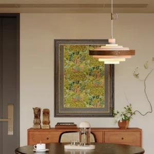 Adjustable swing arm pendant light with warm wood layered shade in vintage dining room setting