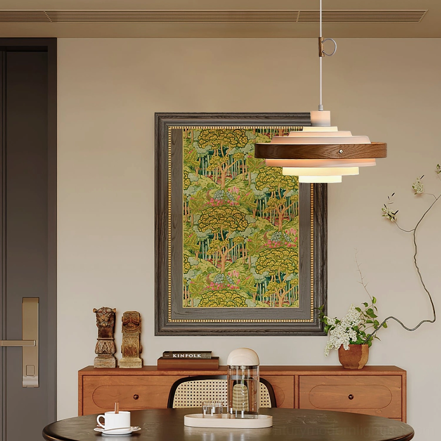 Adjustable swing arm pendant light with warm wood layered shade in vintage dining room setting