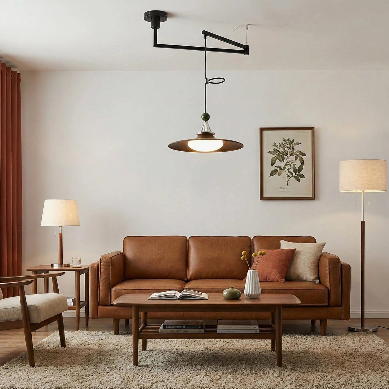 Adjustable swing arm pendant light in cozy vintage living room with brown leather sofa and wooden coffee table, creating intimate ambient atmosphere