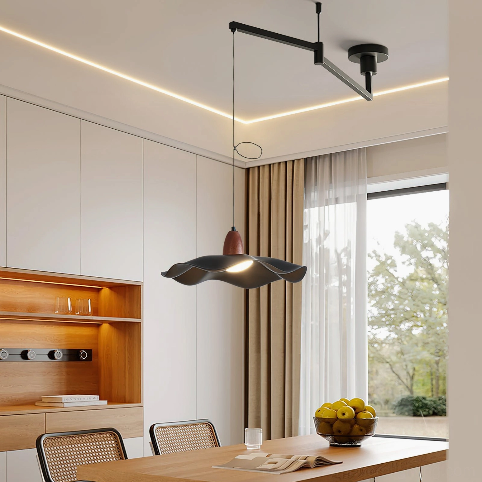 Modern swing arm pendant light illuminating Nordic minimalist dining room with wooden table and contemporary décor