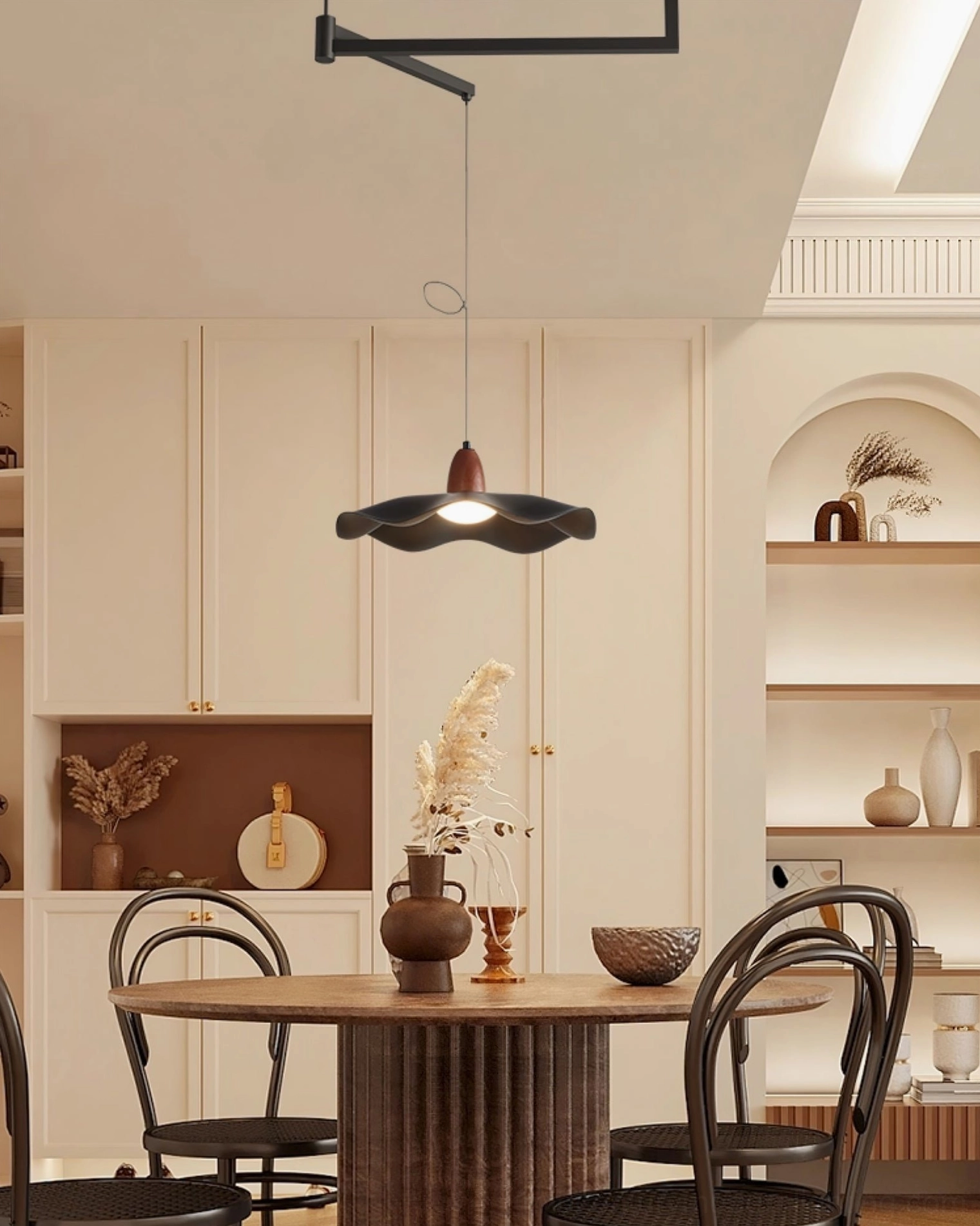 Elegant swing arm wavy pendant light in vintage cream minimalist dining room with round wooden table setting