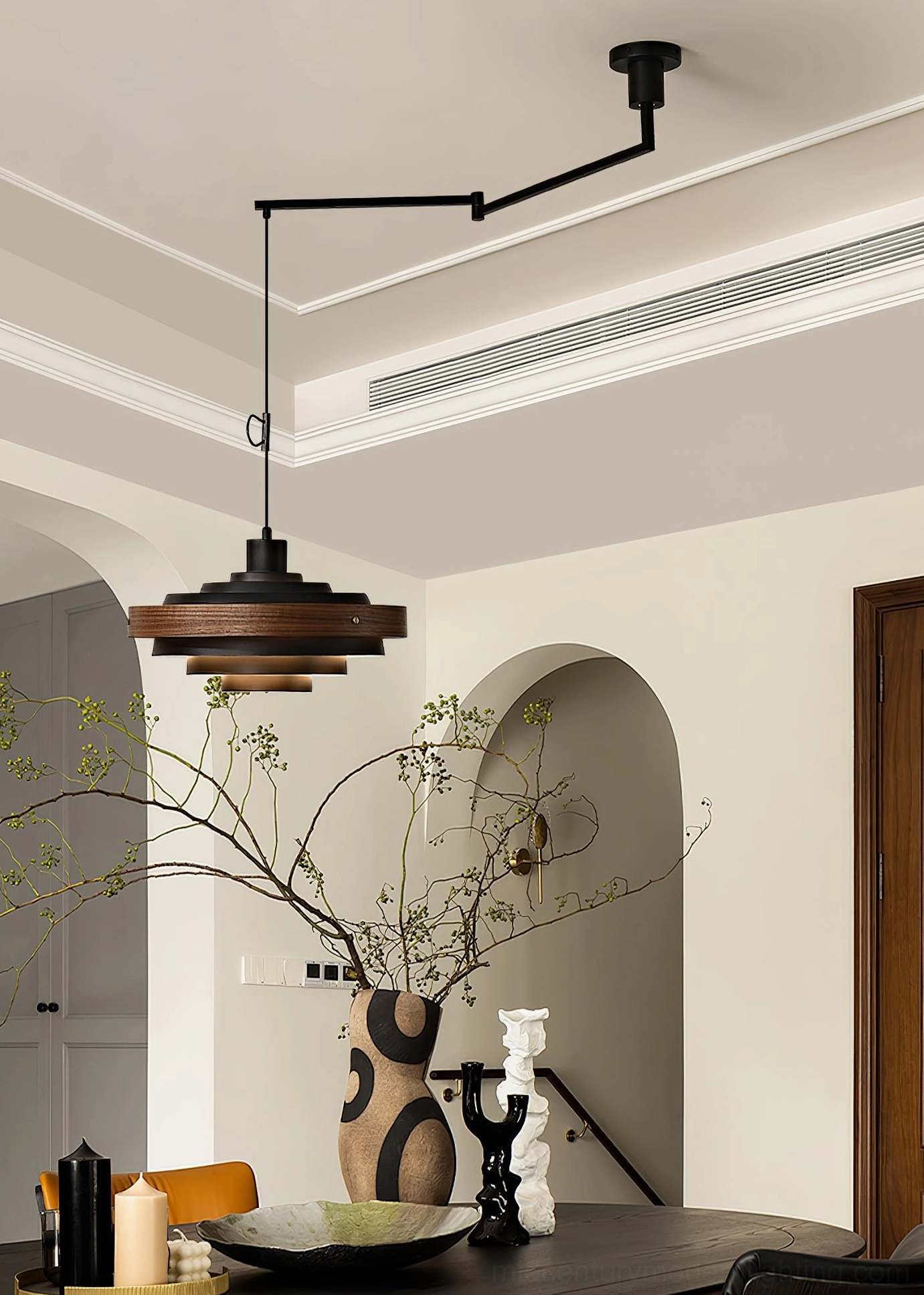 Rancho adjustable swing arm pendant light mechanical joint and pivot detail
