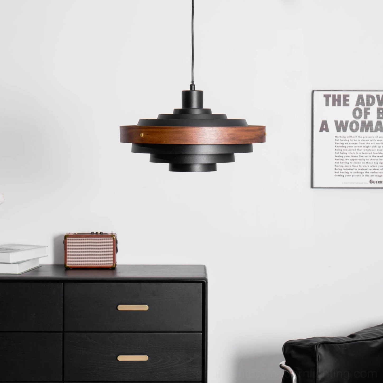 Swing arm pendant light with white and walnut colorway in scandinavian interior