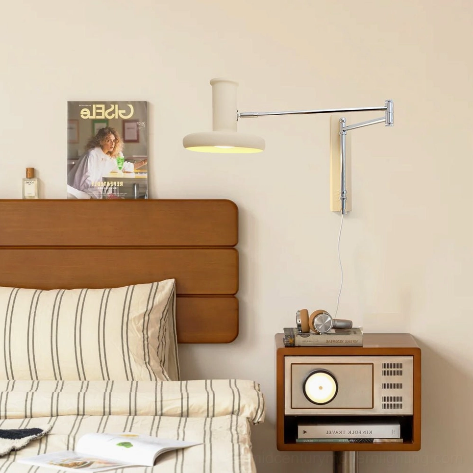Adjustable plug-in wall lamp in vintage bedroom interior with wooden headboard and warm neutral decor, demonstrating bedside mounting