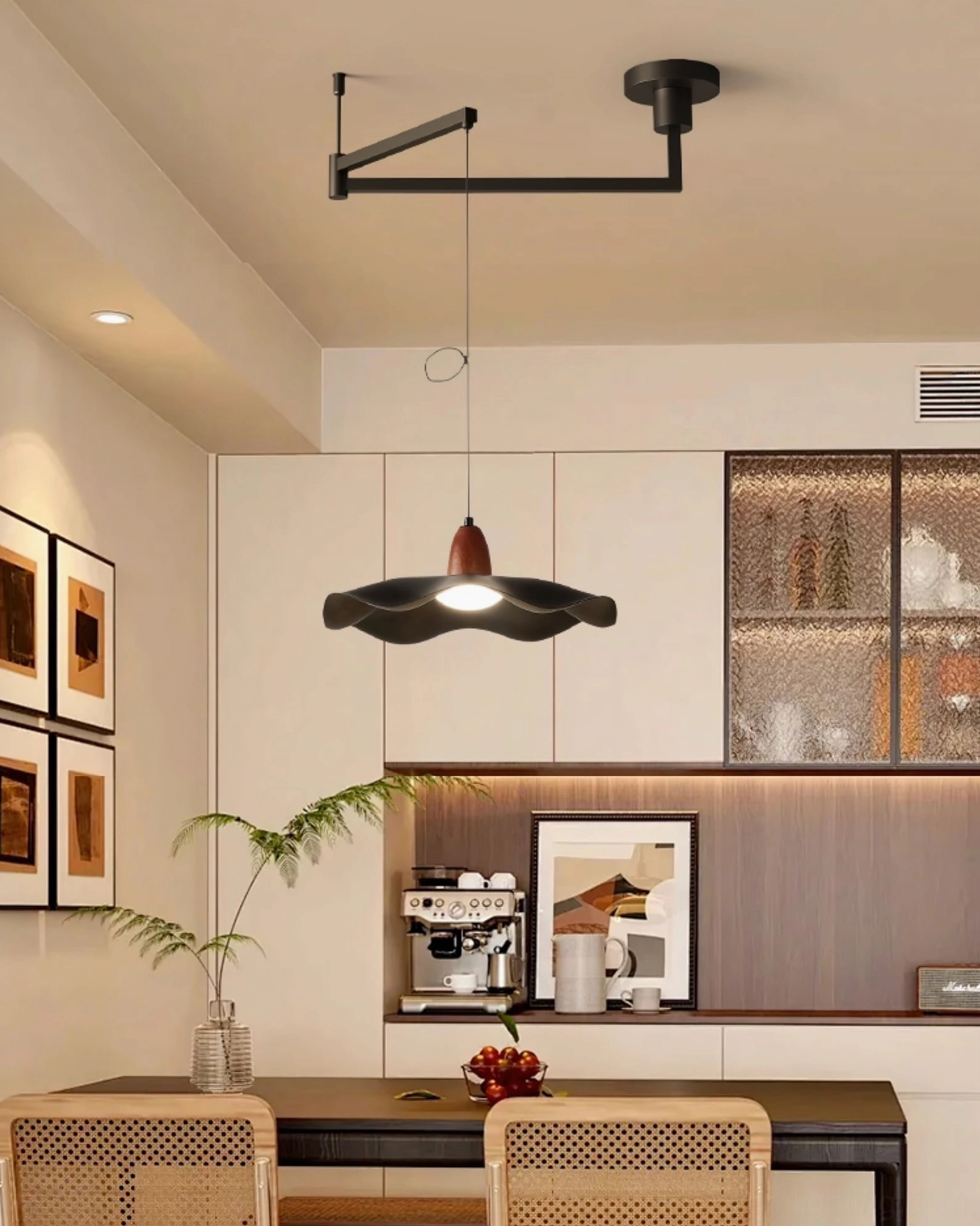 Swing arm pendant fixture in compact cream modern kitchen-dining integrated space with contemporary design