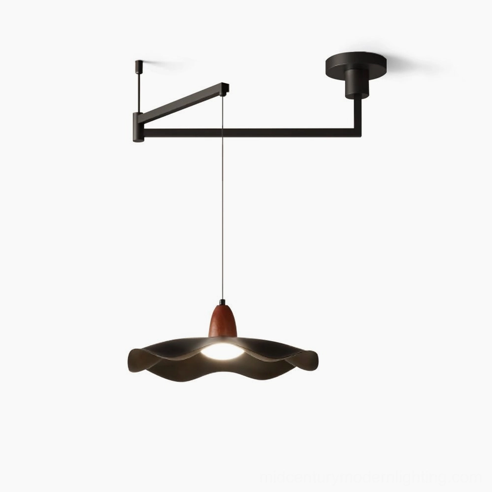 Swing arm wavy pendant light with matte black metal frame and walnut wood accent, studio product shot on white background