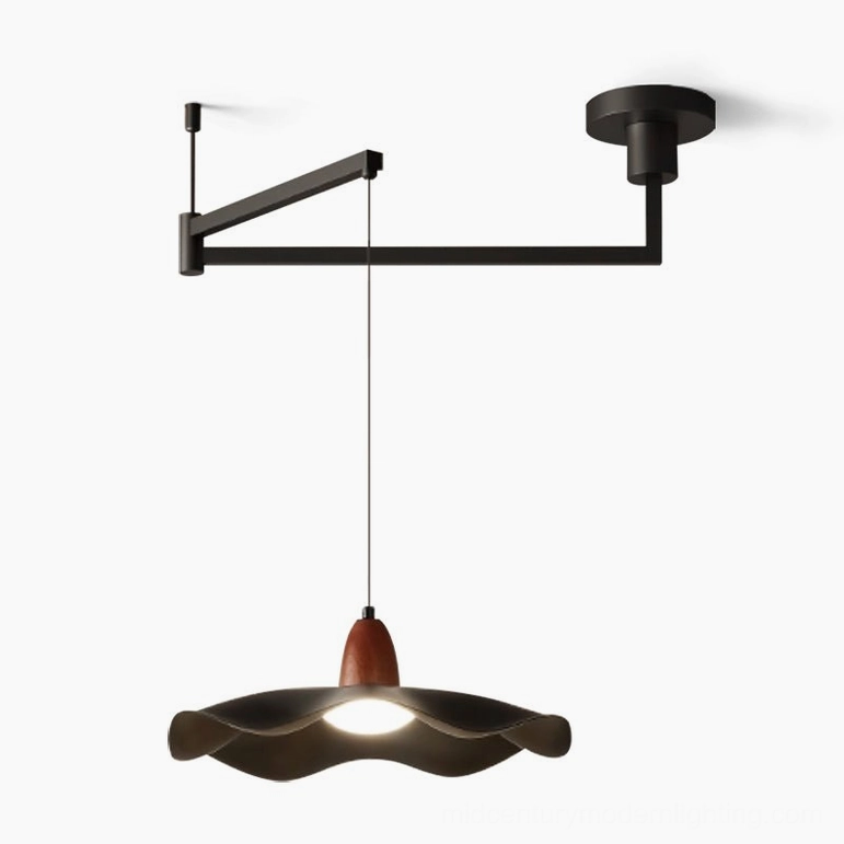 Complete swing arm wavy pendant light with walnut wood accent in warm light color temperature