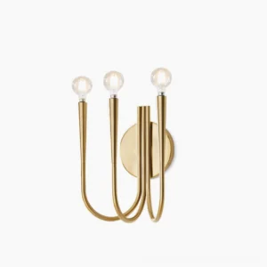 Swoop modern wall sconce with polished gold metal finish displayed against studio white background, showcasing sculptural curved arms and minimalist design