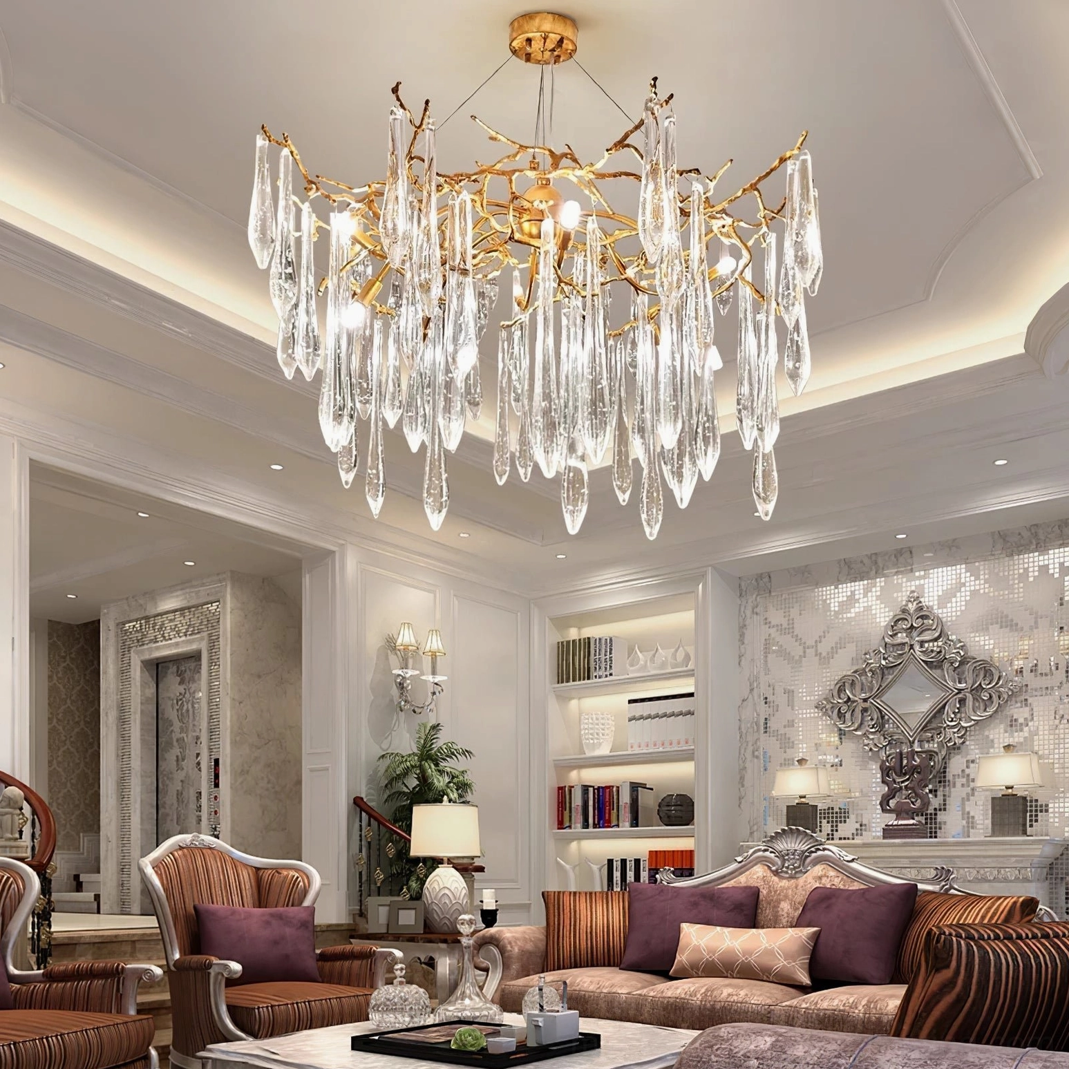 Symmetrical icicle crystal chandelier grand luxury residential lounge uniform pendant design