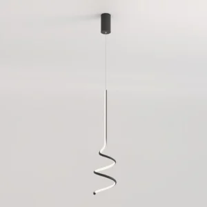 Sleek black spiral pendant light design, integrated LED strip, minimalist geometric form