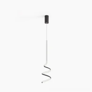 Synergy three-color LED pendant lamp with black spiral frame, studio view with warm light glow