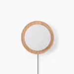 Tablet wooden wall lamp with integrated LED showing natural grain texture and black power cord against white background