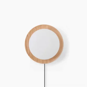 Tablet wooden wall lamp with integrated LED showing natural grain texture and black power cord against white background