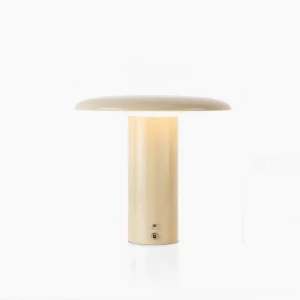 Takku rechargeable cordless mushroom table lamp front view with dimensions in minimalist beige matte finish