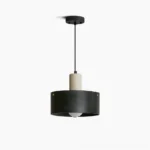 Tako travertine and wood pendant lamp front view with matte black and beige finish on white background