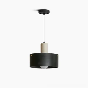 Tako travertine and wood pendant lamp front view with matte black and beige finish on white background