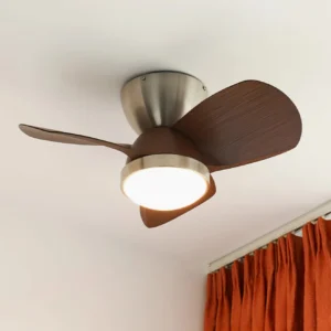 Talaya flush mount ceiling fan light installed in contemporary bedroom with warm integrated LED illumination
